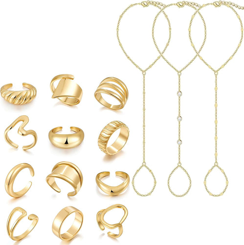 Hand Chain Bracelets & Chunky Rings — 15 Piece Set