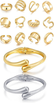 Chunky Gold Rings & Bangle — 14 Piece Stacking Set