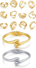 将图片加载到图库查看器，12 Pcs Chunky Gold Stackable Rings and 2 Pcs Bangle Bracelet for Women