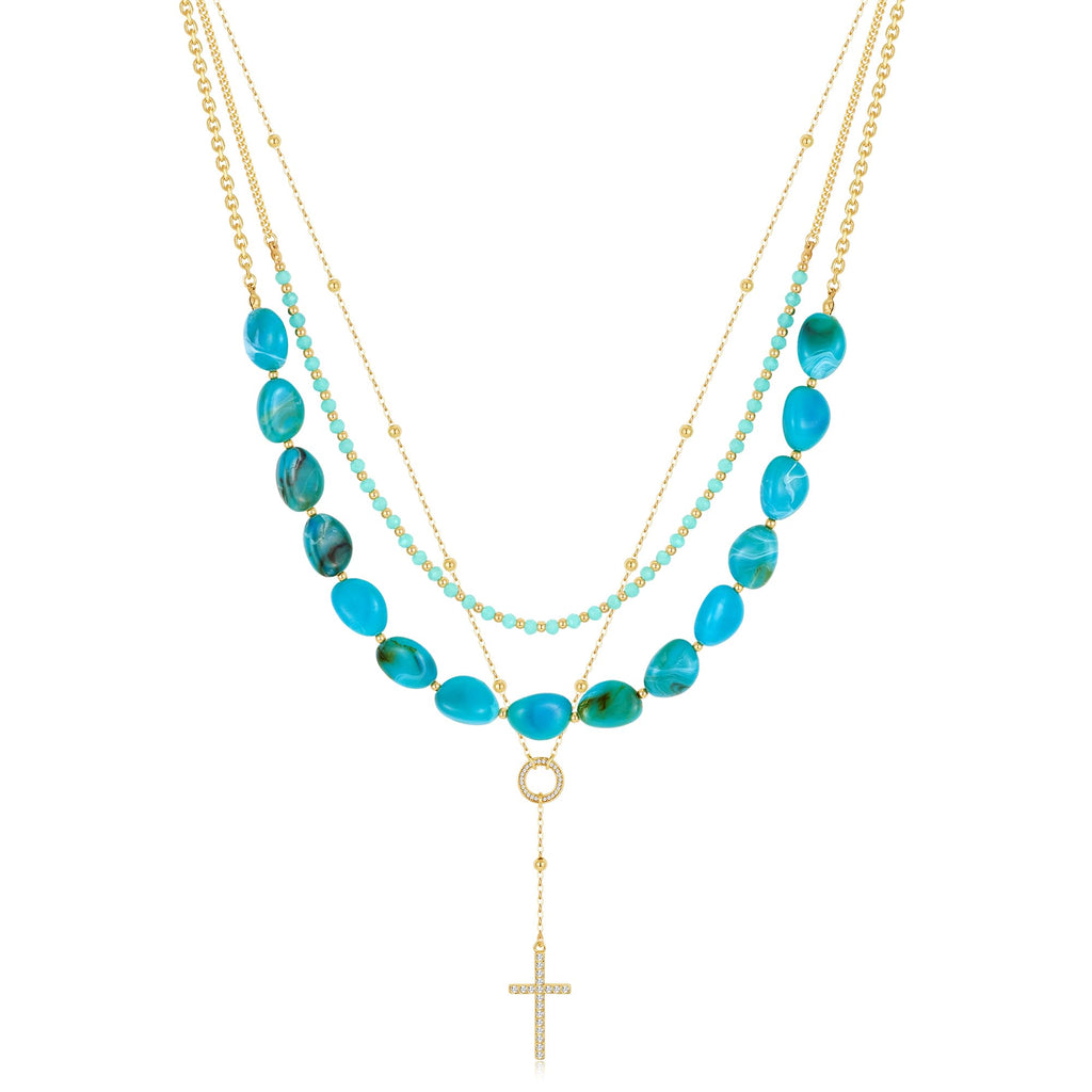 Gold Layered Cross Necklace for Women Pearl Multi Strand – view 9
