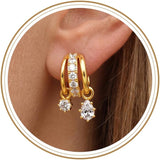 Gold Dangle Illusion Earrings for Women - Triple Huggie Studs for Single Piercing With CZ Heart & Pear Dangle Charm, Hypoallergenic Asymmetrical Earrings Multi Layer Jewelry