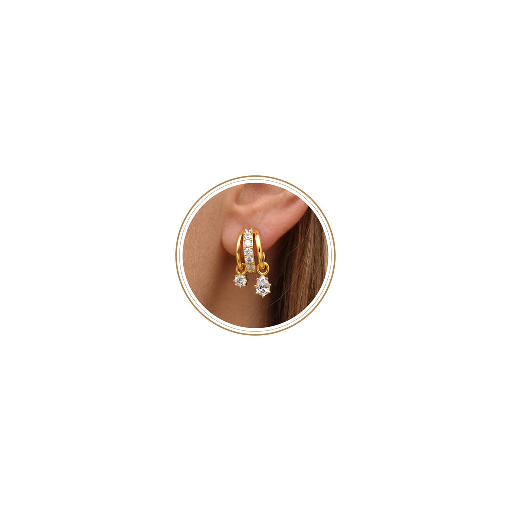 Gold Dangle Illusion Earrings for Women - Triple Huggie Studs for Single Piercing With CZ Heart & Pear Dangle Charm,