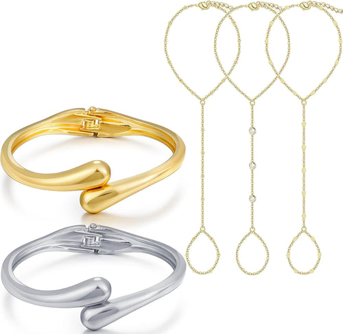 3 Pcs Hand Chain Bracelets and 2 Pcs Bangle Bracelet for Women, Stack Bracelets Set Adjustable, Trendy Dainty Ring Bracelet Hand Chain