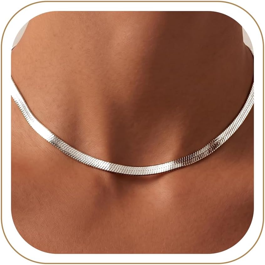 Chunky Silver Herringbone Choker Necklace for Women, Stainless Steel