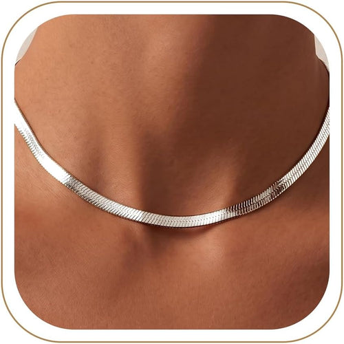 Chunky Silver Herringbone Choker Necklace for Women, Stainless Steel