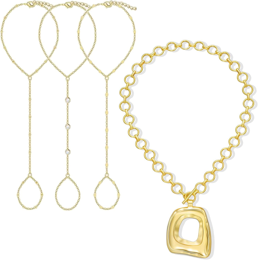 Hand Chain Bracelets & Chunky Necklace — 14K Set