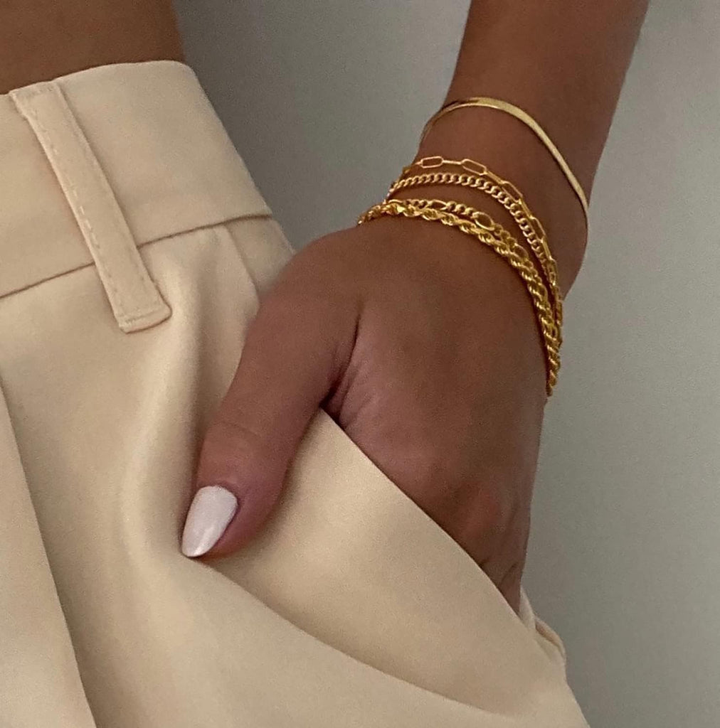 Dainty Gold Bracelets for Women Waterproof, Stackable 14K Gold Plated Waterproof Rope Cuban Snake Paperclip Figaro Link
