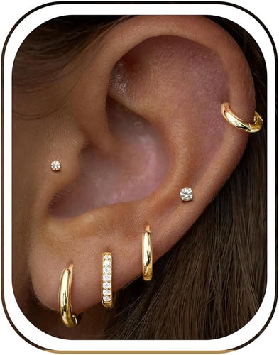 Small Gold Huggie Hoop Stud Earrings Set for Women Stack, Flat Back 316L Hypoallergenic 14K Plated Cartilage Helix Tragus Earrings for Multiple Piercings, Sleeper Earrings Cute 6 Pairs Jewelry Gifts