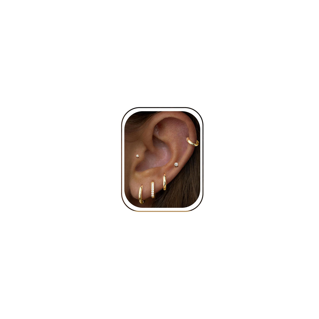 Small Gold Huggie Hoop Stud Earrings Set for Women Stack, Flat Back 316L Hypoallergenic 14K Plated Cartilage Helix Tragus Earrings for Multiple Piercings, Sleeper Earrings Cute 6 Pairs Jewelry Gifts