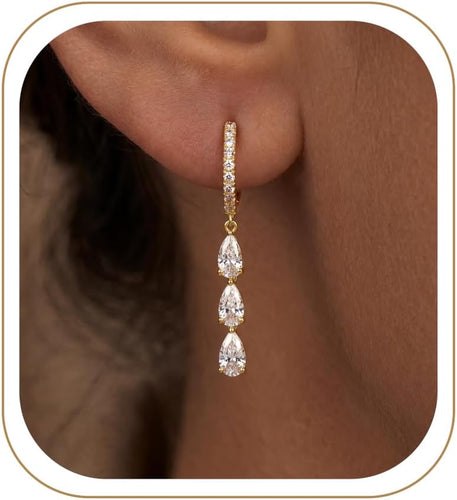 Gold Dangle Drop Earrings for Women, Elegant Wedding Bridal Prom Jewelry, Trendy Hypoallergenic Small Diamond Crystal Huggie Hoop, Dainty Simple Cute Jewelry Gifts
