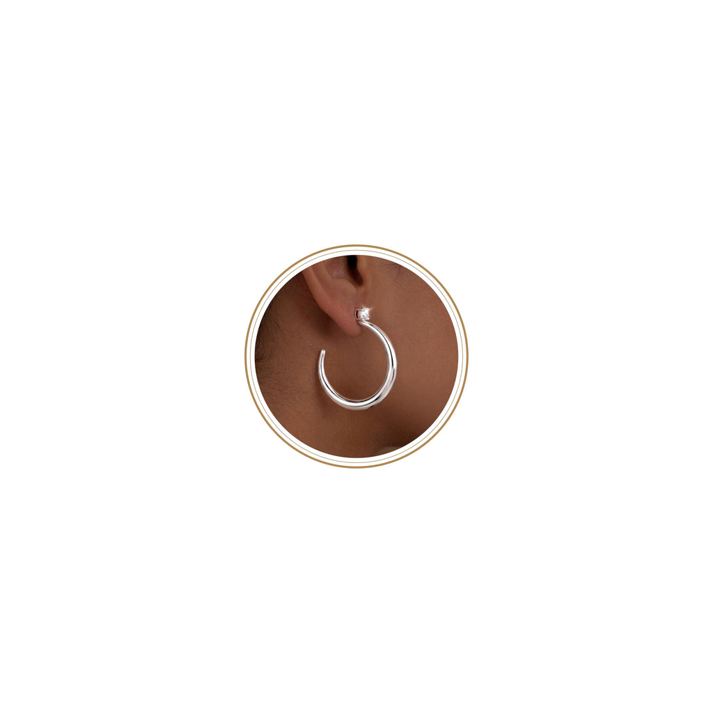 Large Silver Hoop Earrings for Women, 925 Sterling Silver Post Open C Shaped Crescent Silver Hoops with CZ Accent Hides