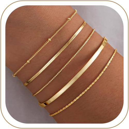 Dainty Gold Bracelet for Women Trendy Non Tarnish, Thin Bracelets Stackable Set with Bangle Cuff, Box, Herringbone, Paperclip, Figaro, Sparkling Link Chains Waterproof, Simple Jewelry Gifts for Women