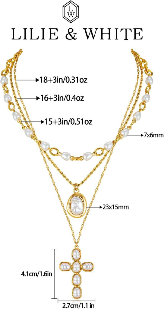 Gold Layered Cross Necklace for Women Pearl Multi Strand – view 6