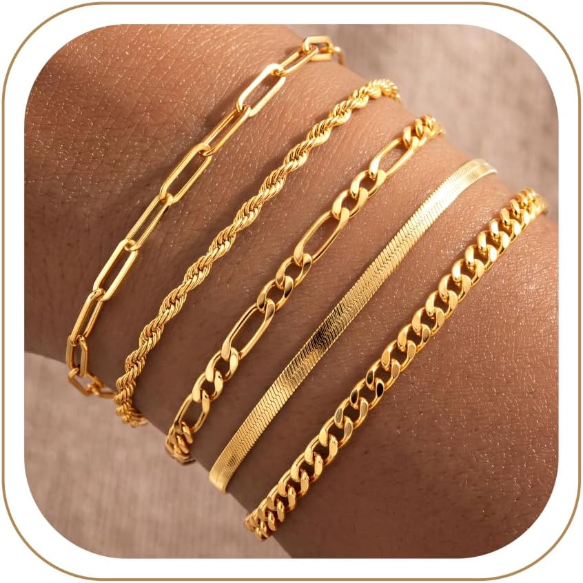 Dainty Gold Bracelets for Women Waterproof, Stackable 14K Gold Plated Waterproof Rope Cuban Snake Paperclip Figaro Link