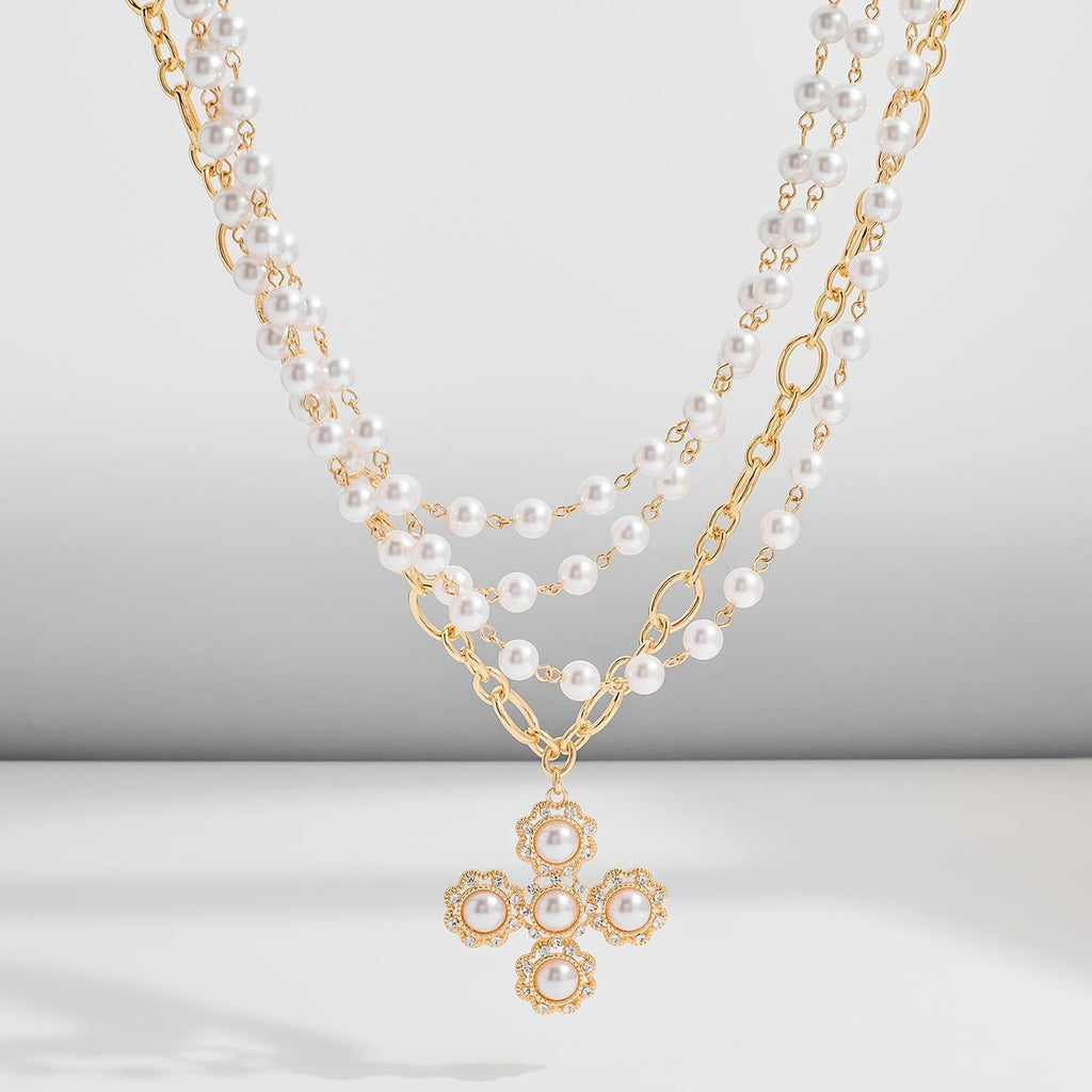 Gothic Gold Cross For Women Pearl Layered Necklaces – view 5