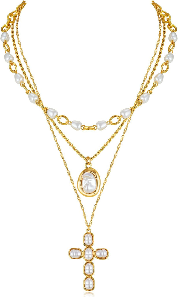Gold Layered Cross Necklace for Women Pearl Multi Strand