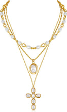 将图片加载到图库查看器，Gold Layered Cross Necklace for Women Pearl Multi Strand