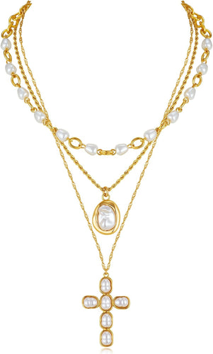 Gold Layered Cross Necklace for Women Pearl Multi Strand