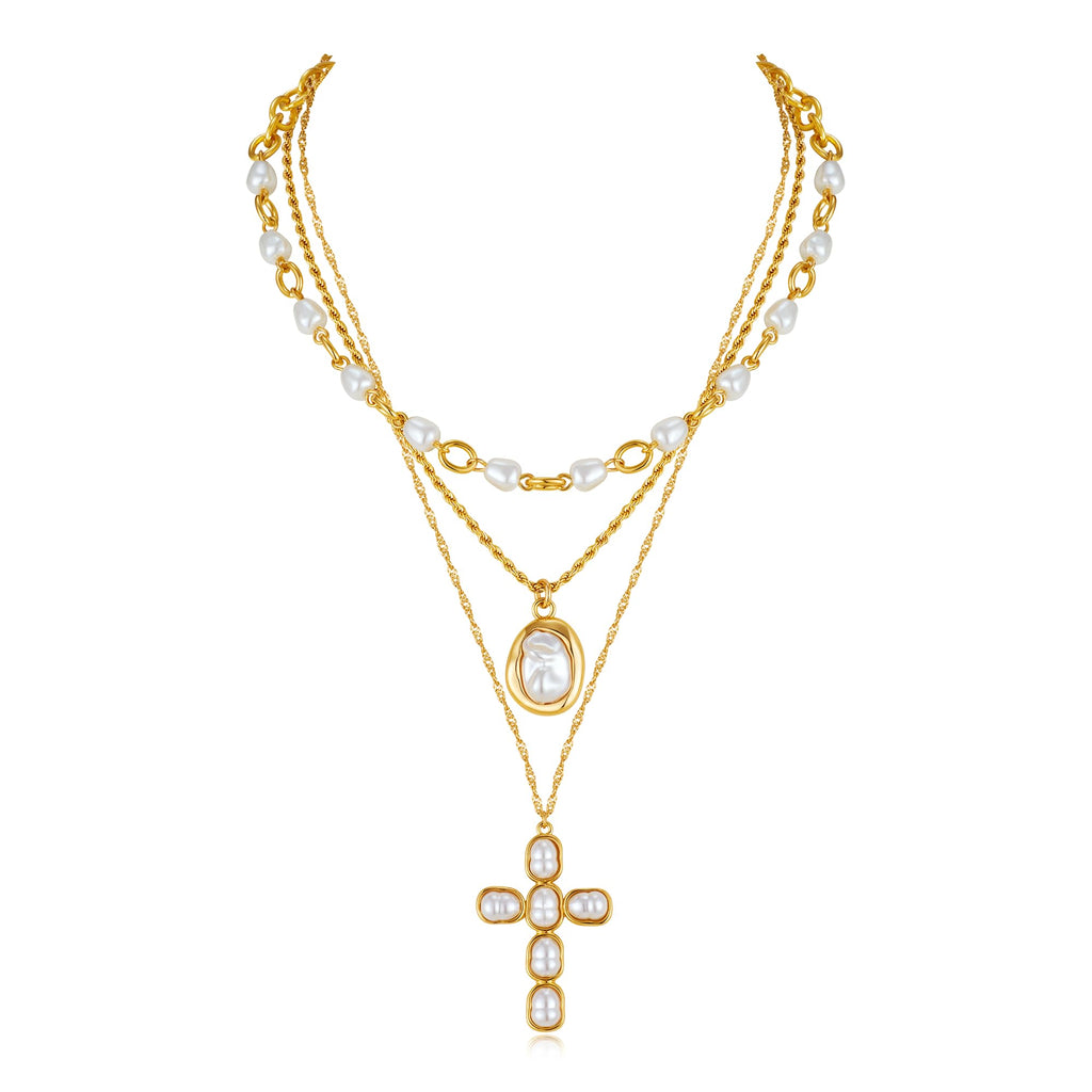 Gold Layered Cross Necklace for Women Pearl Multi Strand – view 7