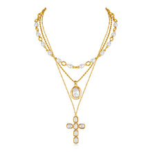 将图片加载到图库查看器，Gold Layered Cross Necklace for Women Pearl Multi Strand – view 7