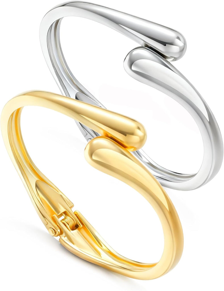 Gold Bangles Bracelet for Women Trendy, 2 Pcs Dainty Chunky Cuff Bracelet Stack Gold and Silver – view 6