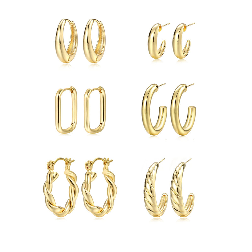 6 Pairs Gold Silver Chunky Hoop Earrings for Women, 14K Gold Plated Jewelry