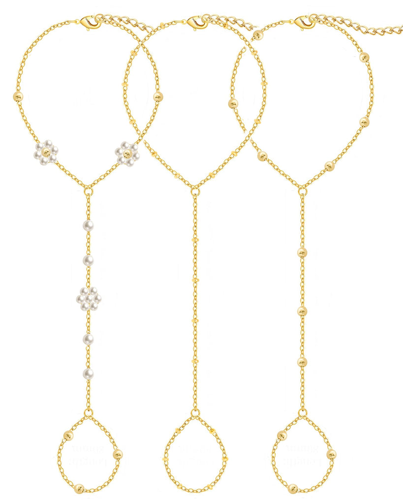 3PCS 14K Gold-Plated Hand Chain Bracelets for Women, Stack Bracelets Set Adjustable, Trendy Dainty Ring Bracelet Hand Chain