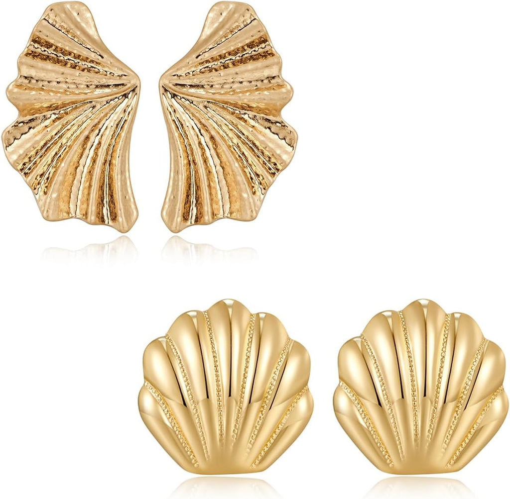 Worn Gold Leaf Earrings And Seashell Earrings 1PR Each