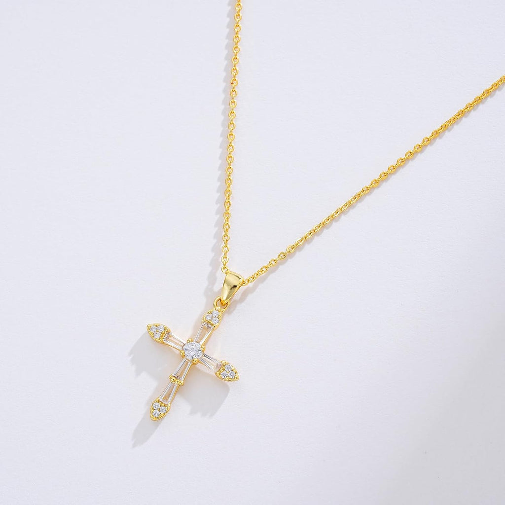 Gold Cross Necklace — Crystal Pendant, 14K Plated
