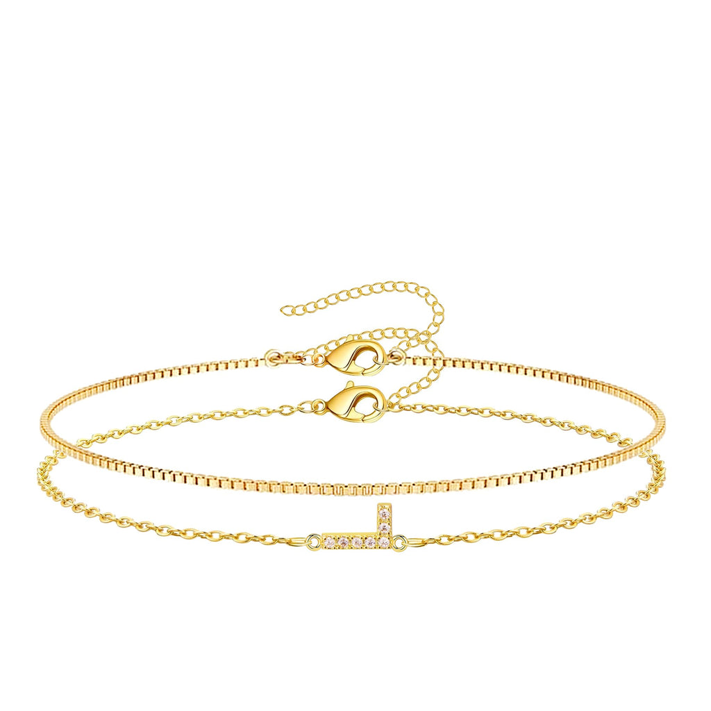 Gold Initial Bracelets for Women, Dainty 14K Gold Plated Letter Initial Bracelet for Women, Cute Layered Box Chain Gold