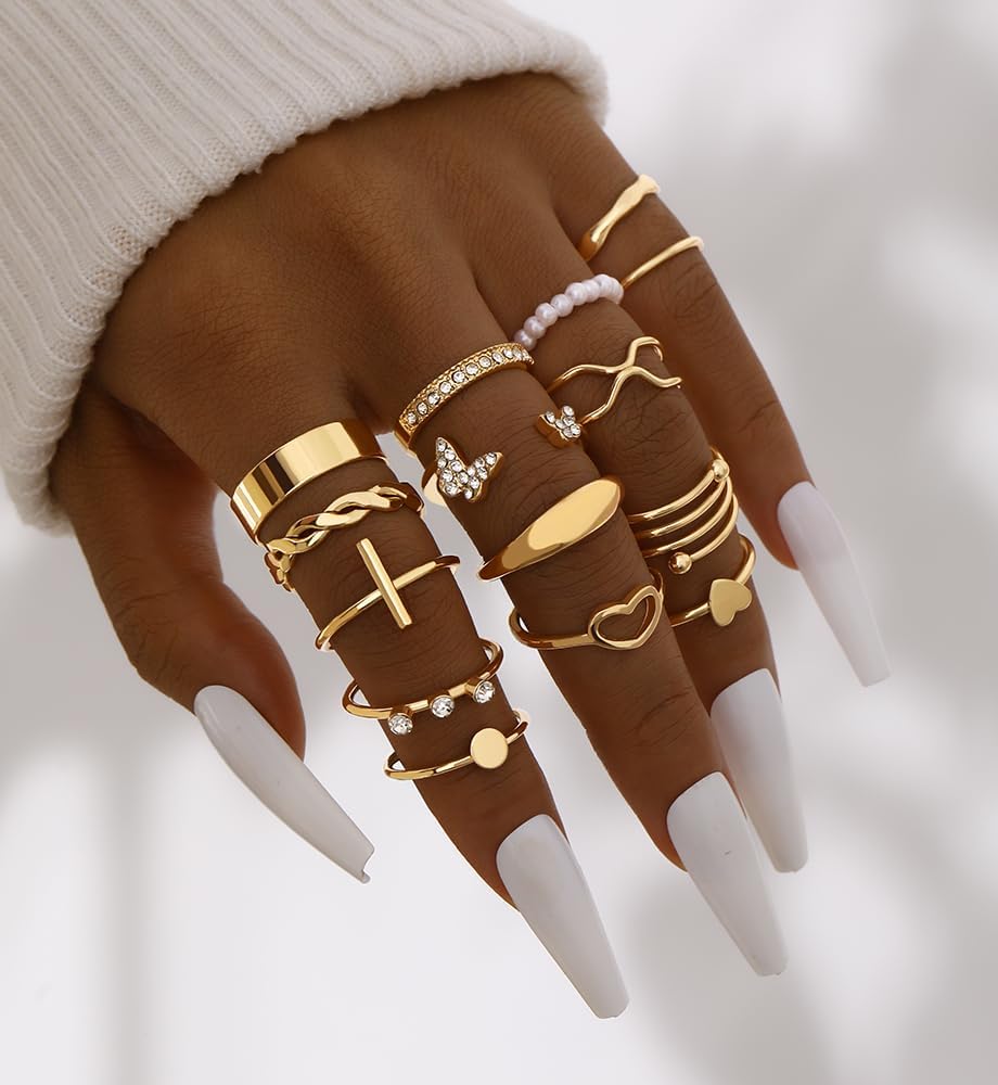 25 Pcs Gold Rings Set for Women, Thin Stackable Knuckle Finger Midi Rings, Simple Stacking Cute Ring Pack Trendy Stuff Jewelry Gift
