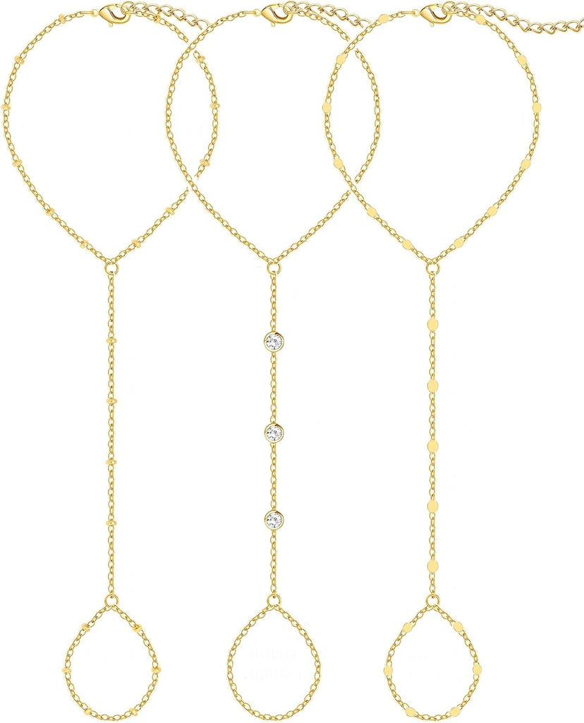 Gold Hand Chain Bracelets — 3 Pieces, 14K Plated Set