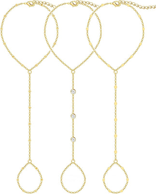 Gold Hand Chain Bracelets — 3 Pieces, 14K Plated Set