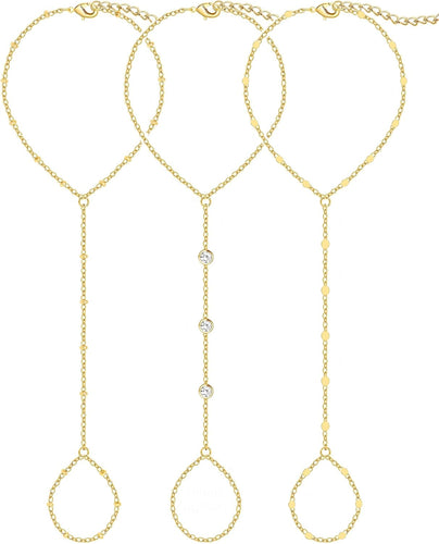 Gold Hand Chain Bracelets — 3 Pieces, 14K Plated Set