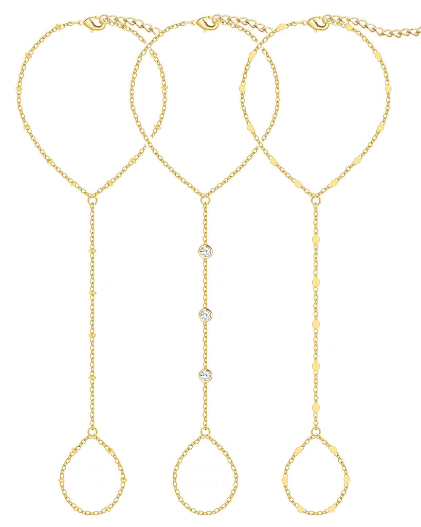 3PCS 14K Gold-Plated Hand Chain Bracelets for Women, Stack Bracelets Set Adjustable, Trendy Dainty Ring Bracelet Hand Chain