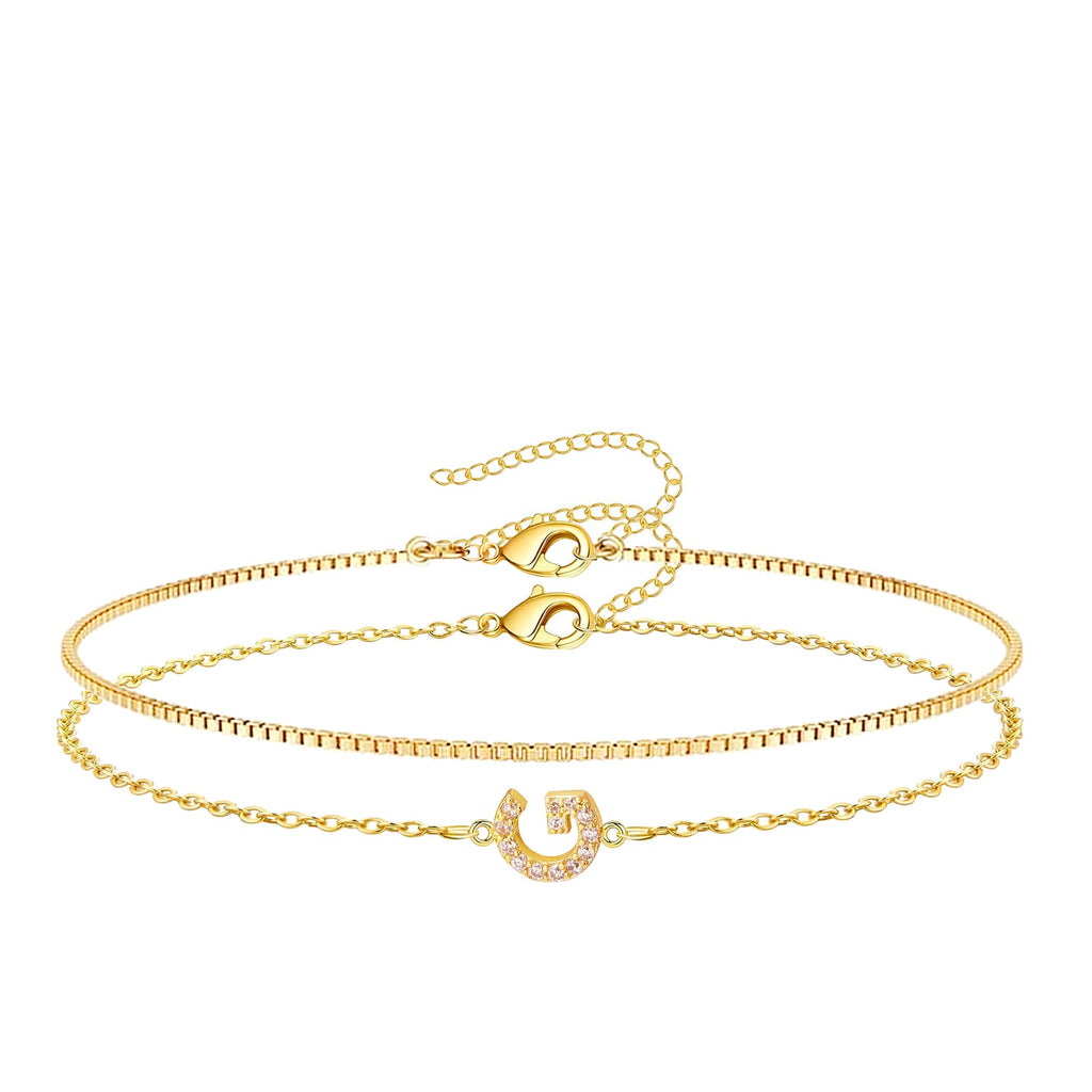 Gold Initial Bracelets for Women, Dainty 14K Gold Plated Letter Initial Bracelet for Women, Cute Layered Box Chain Gold