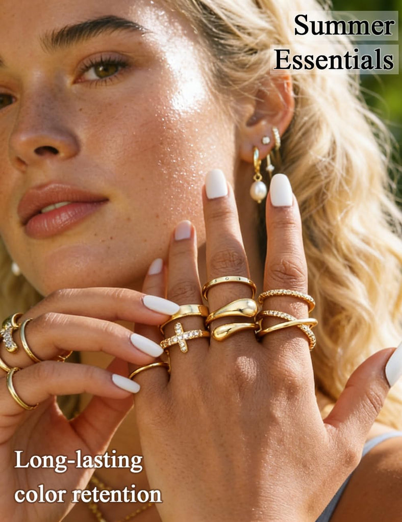 Non Tarnish Chunky Gold Rings for Women, 14K Gold Plated Dainty Stackable Cross Cubic Zirconia Ring Set, Knuckle Stacking Pinky Thumb Ring Statement Wedding Bands Jewelry Size 4.5-10