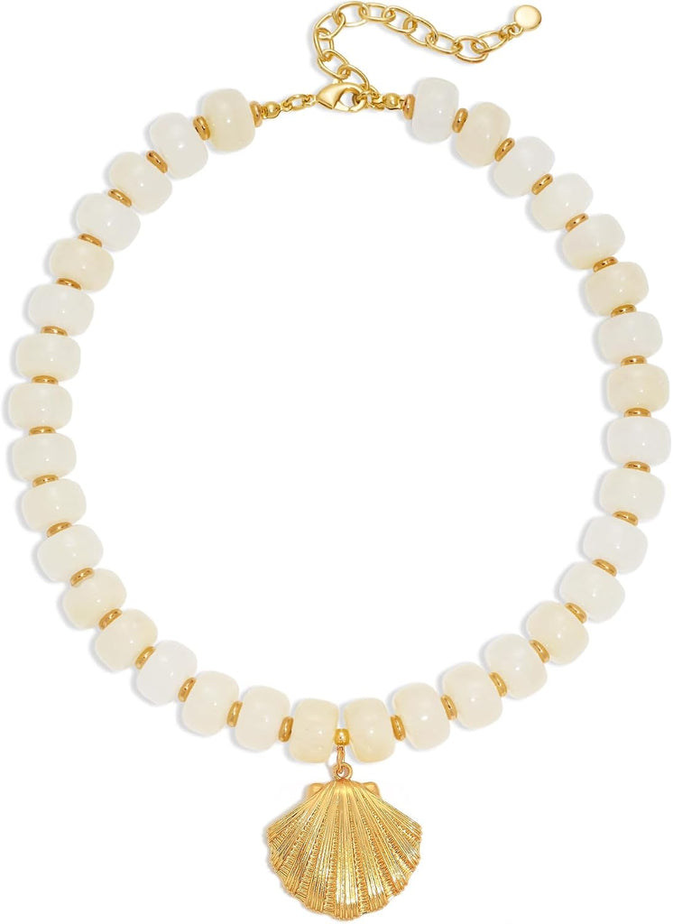 Colorful Beaded Shell Necklace Gold Seashell Pendant
