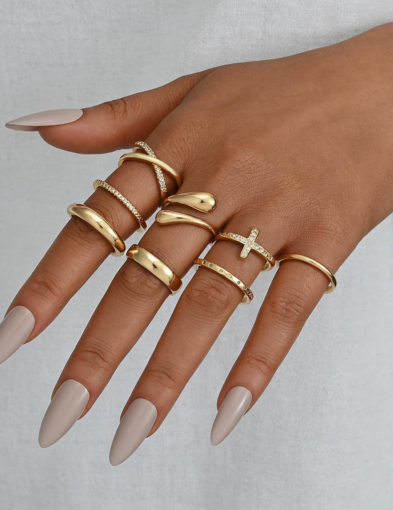 Non Tarnish Chunky Gold Rings for Women, 14K Gold Plated Dainty Stackable Cross Cubic Zirconia Ring Set, Knuckle Stacking Pinky Thumb Ring Statement Wedding Bands Jewelry Size 4.5-10