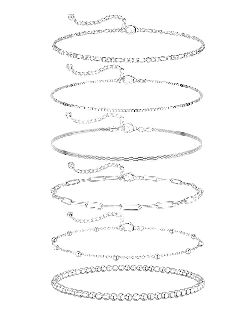 Gold Bracelets Set for Women Waterproof, Non Tarnish 14K Gold Plated Tennis Beaded Figaro Herringbone Paperclip Link Chains,