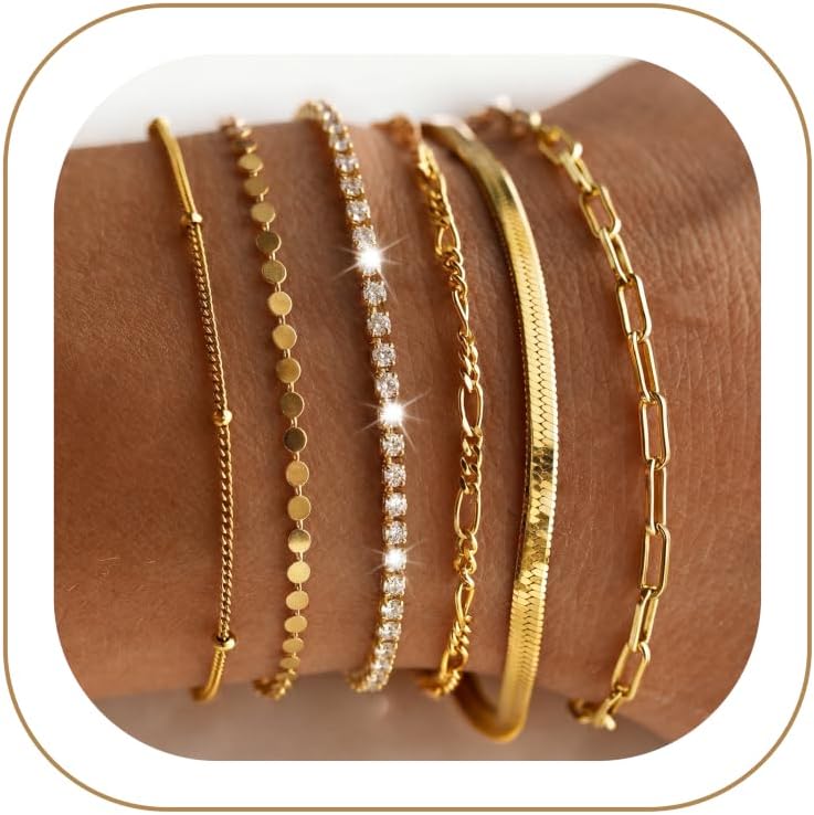Gold Bracelets Set for Women Waterproof, Non Tarnish 14K Gold Plated Tennis Beaded Figaro Herringbone Paperclip Link Chains,