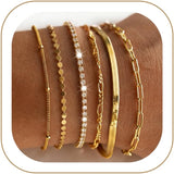 Gold Bracelets Set for Women Waterproof, Non Tarnish 14K Gold Plated Tennis Beaded Figaro Herringbone Paperclip Link Chains, Dainty Layered Bracelets Gifts for Mom Wife Her