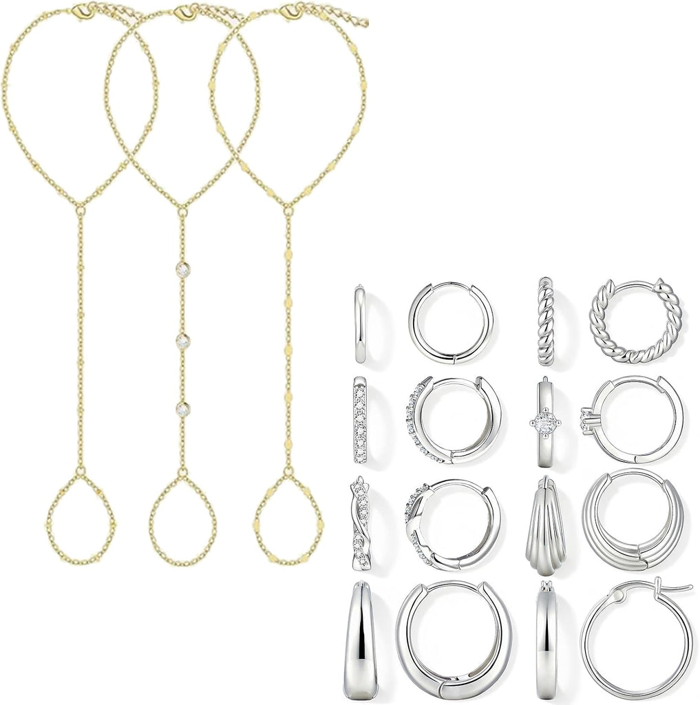 Hand Chain Bracelets & Hoop Earrings — 11 Piece Set