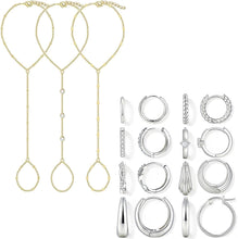Load image into Gallery viewer, 3Pcs Gold Hand Chain Bracelets and 8 Pairs Silver Hoop Earrings for Women, Stack Bracelets Set Adjustable, Trendy Dainty Ring Bracelet Hand Chain