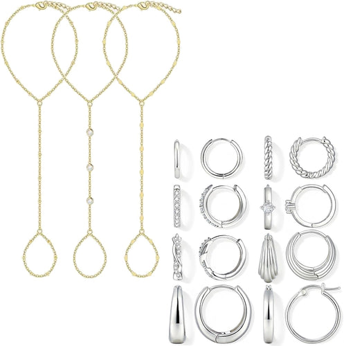 3Pcs Gold Hand Chain Bracelets and 8 Pairs Silver Hoop Earrings for Women, Stack Bracelets Set Adjustable, Trendy Dainty Ring Bracelet Hand Chain
