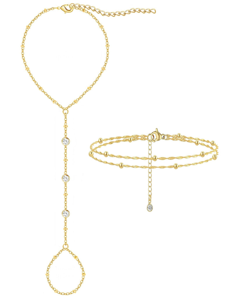 Gold Hand Chain Bracelets — 3 Pieces, 14K Plated Set