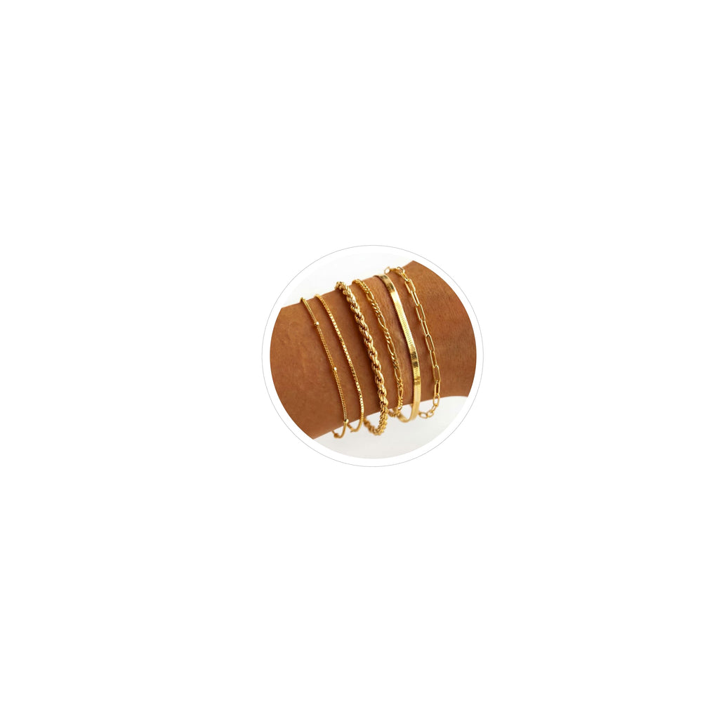 Gold Bracelets Set for Women Waterproof, Non Tarnish 14K Gold Plated Tennis Beaded Figaro Herringbone Paperclip Link Chains,