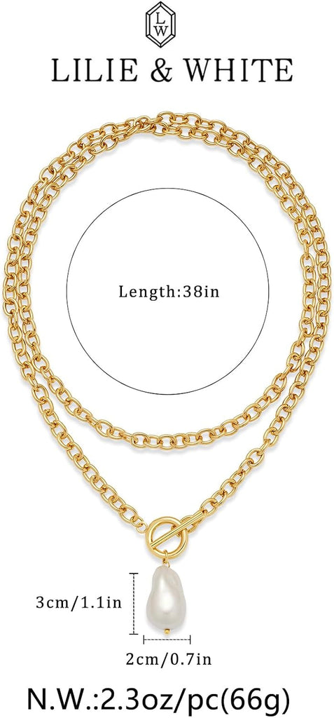 Gold Chunky Chain Necklace for Women lmitaion Pearl Pendant – view 6