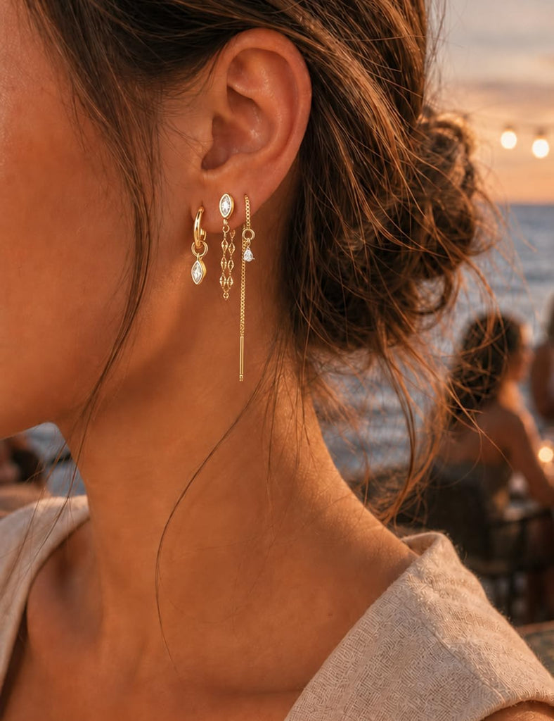 Gold Chain Earrings for Women, 14k Gold Plated Drop Dangle Earrings Stack, Trendy Cubic Zirconia Huggie Hoop Earring, Hypoallergenic Cartilage Earrings for Multiple Piercing Fashion Jewelry