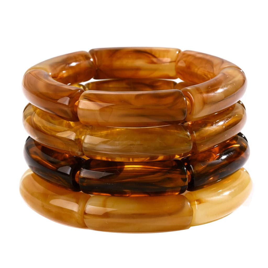 6pcs Chunky Acrylic Bangle Bracelets for Women, Resin Bamboo Brown Stretchy Bracelet Stack, Fashion Jewelry for Women